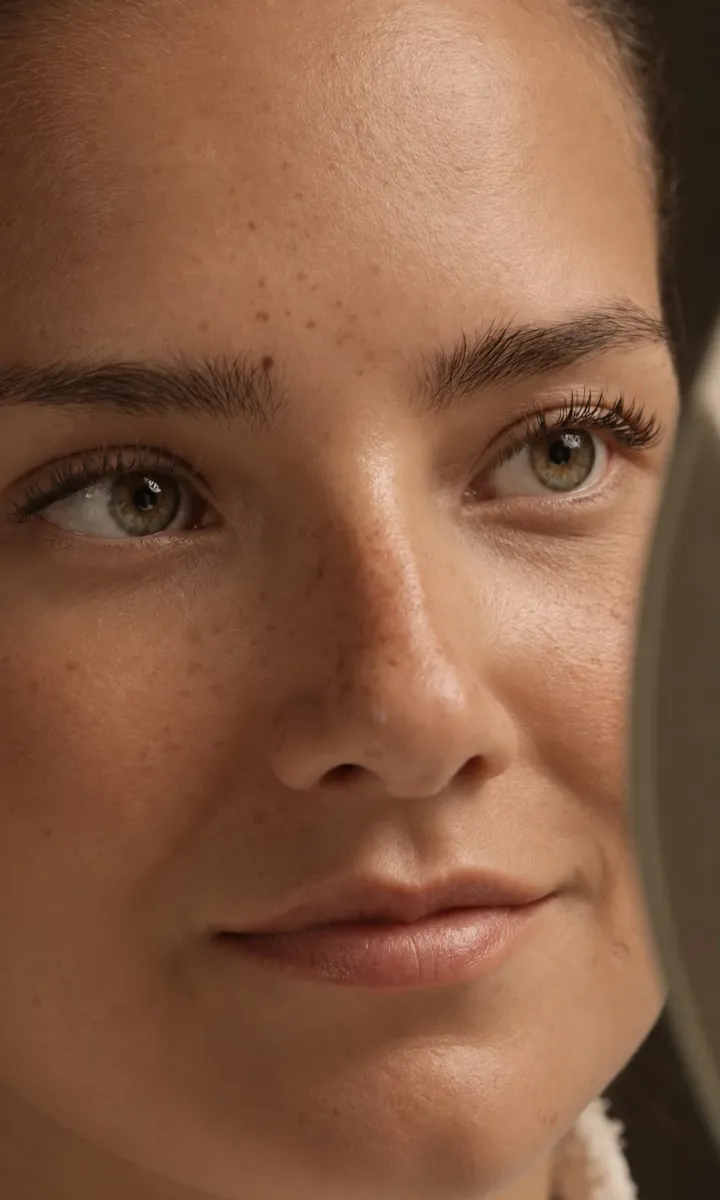 Portrait en gros plan d'une femme aux cils naturels et fournis après extension de cils, regard clair, Maison GOĒN Paris 8e